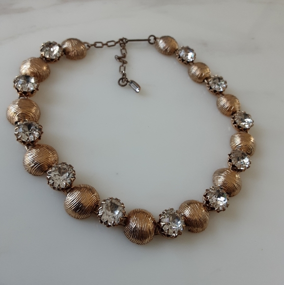 VTG SIGNED KRAMER New York Textured Gold Tone Rhinestone Choker 17" - Picture 3 of 7